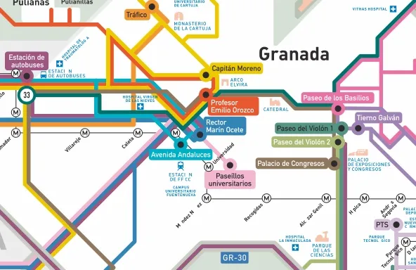 Plano de líneas urbanas e interurbanas de autobús y metro de Granada para llegar hasta el centro Alborán Psicólogos